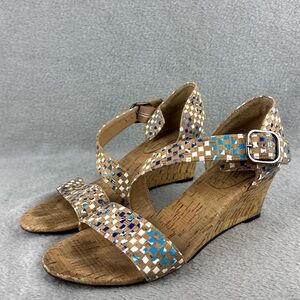 Vaneli Meryn Multicolor Cork Wedge Sandals GUC Ankle Buckle Womens Size 6 1/2M